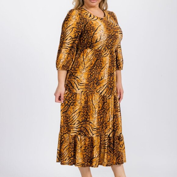 Tiger Print Blossom 3/4 Sleeve Front Pocket Tiered Midi Dress - Picture 10 of 15